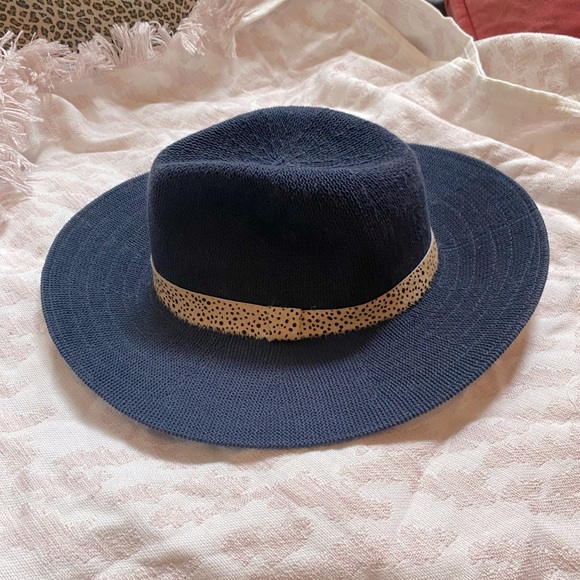 Anthropologie Navy Hat with Leopard Trim - Picture 2 of 4